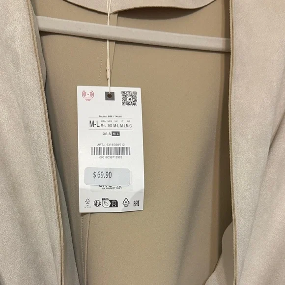 NWT Size Large Zara Faux Suede Cream Belted Blazer with Cutout Details - Picture 2 of 4